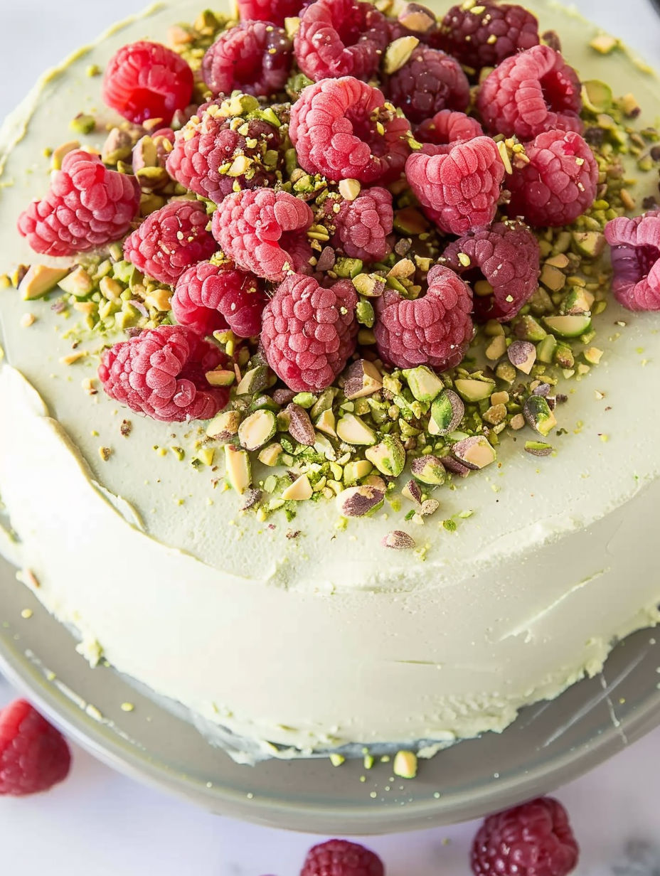 A close up of a raspberry pistachio cake.