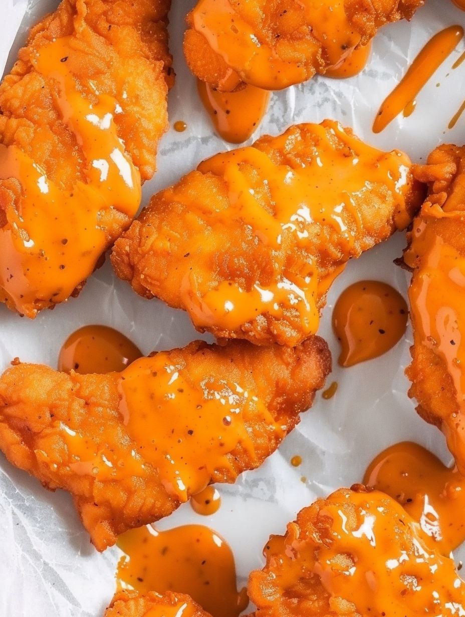 Buffalo chicken tenders with sauce.