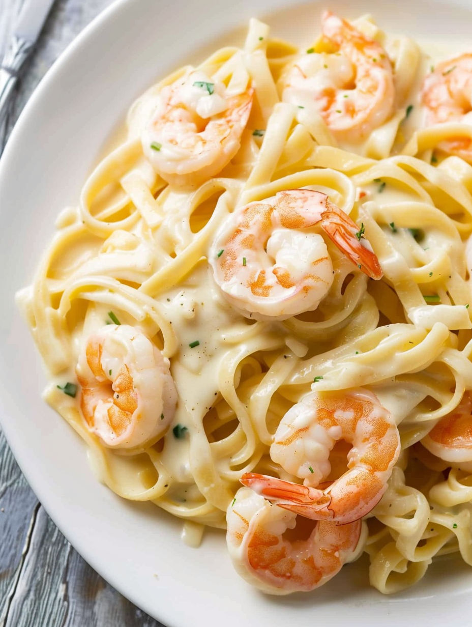 A plate of fettuccine alfredo with shrimp.