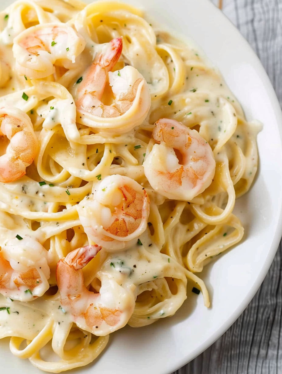A plate of fettuccine alfredo with shrimp.