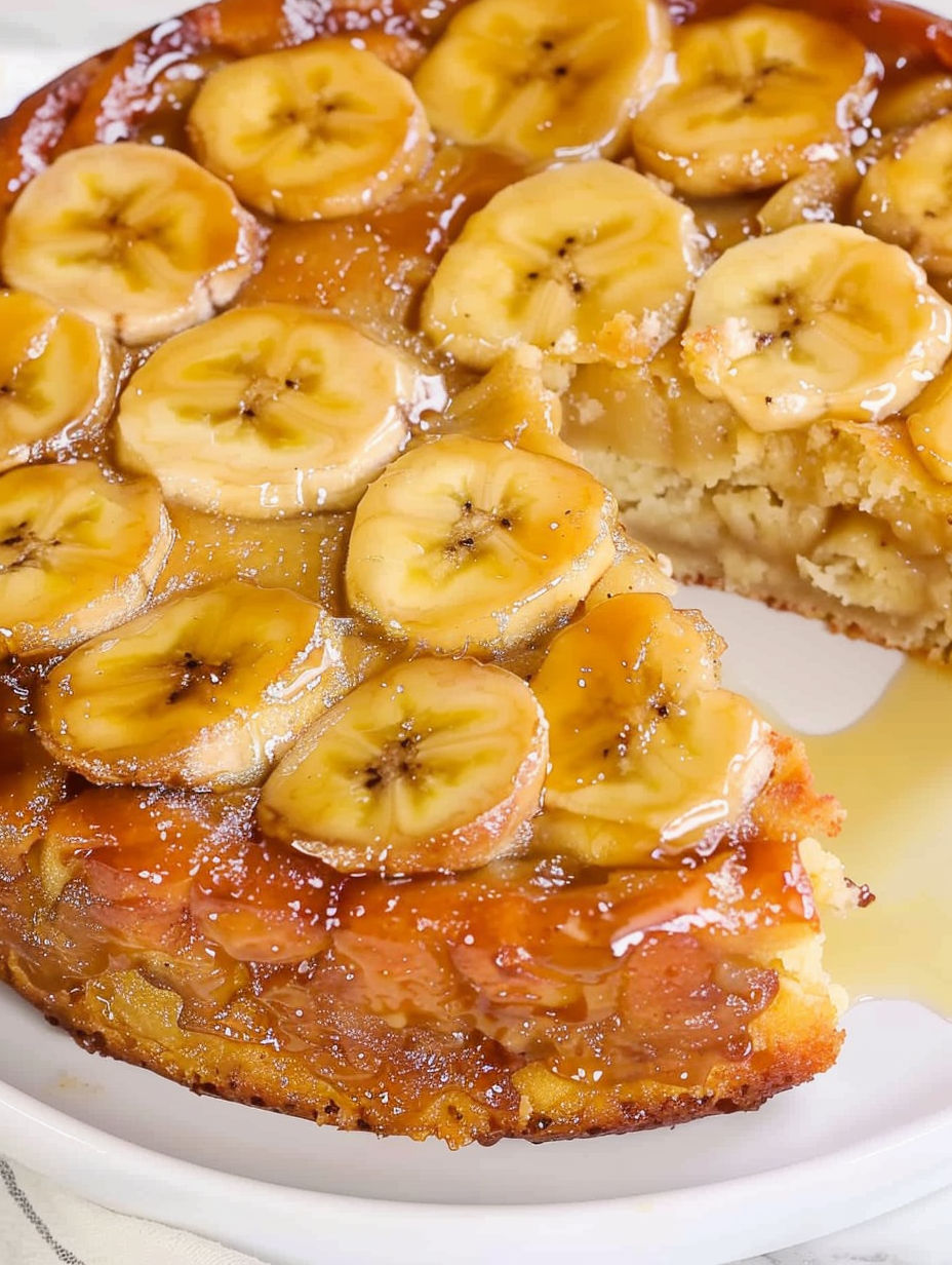 A slice of banana upside down cake.