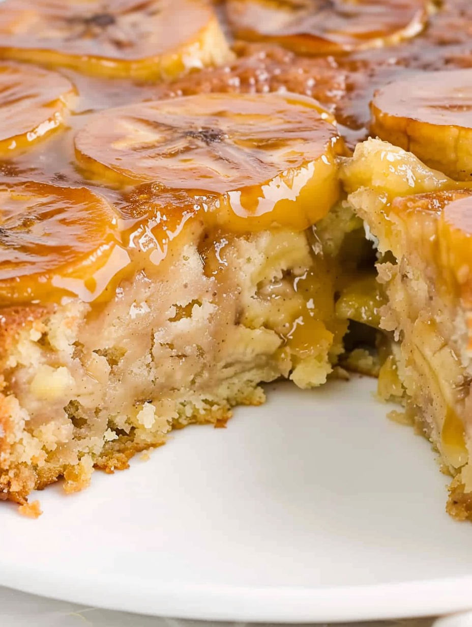 A slice of banana upside down cake.