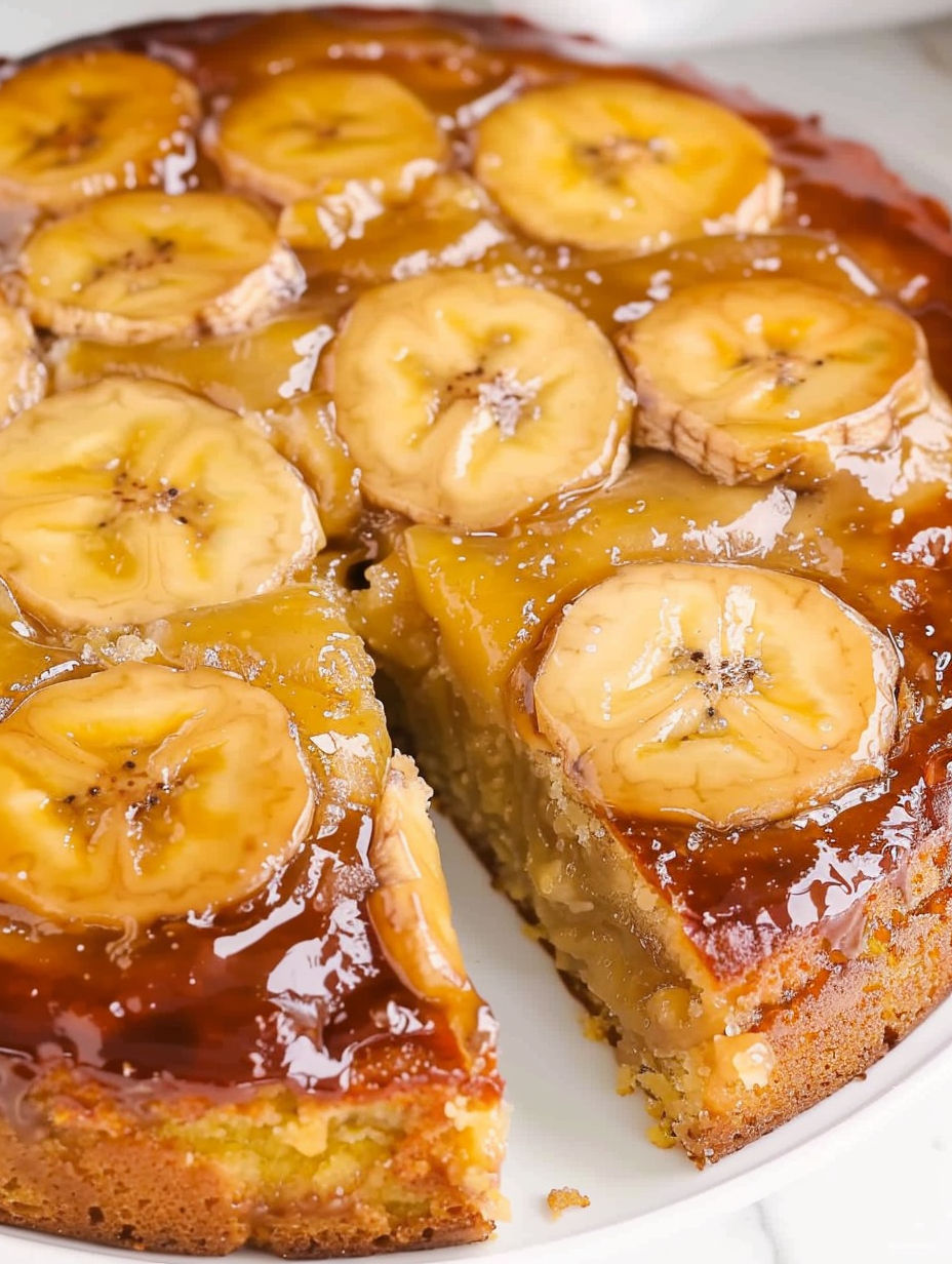 A slice of banana upside down cake.