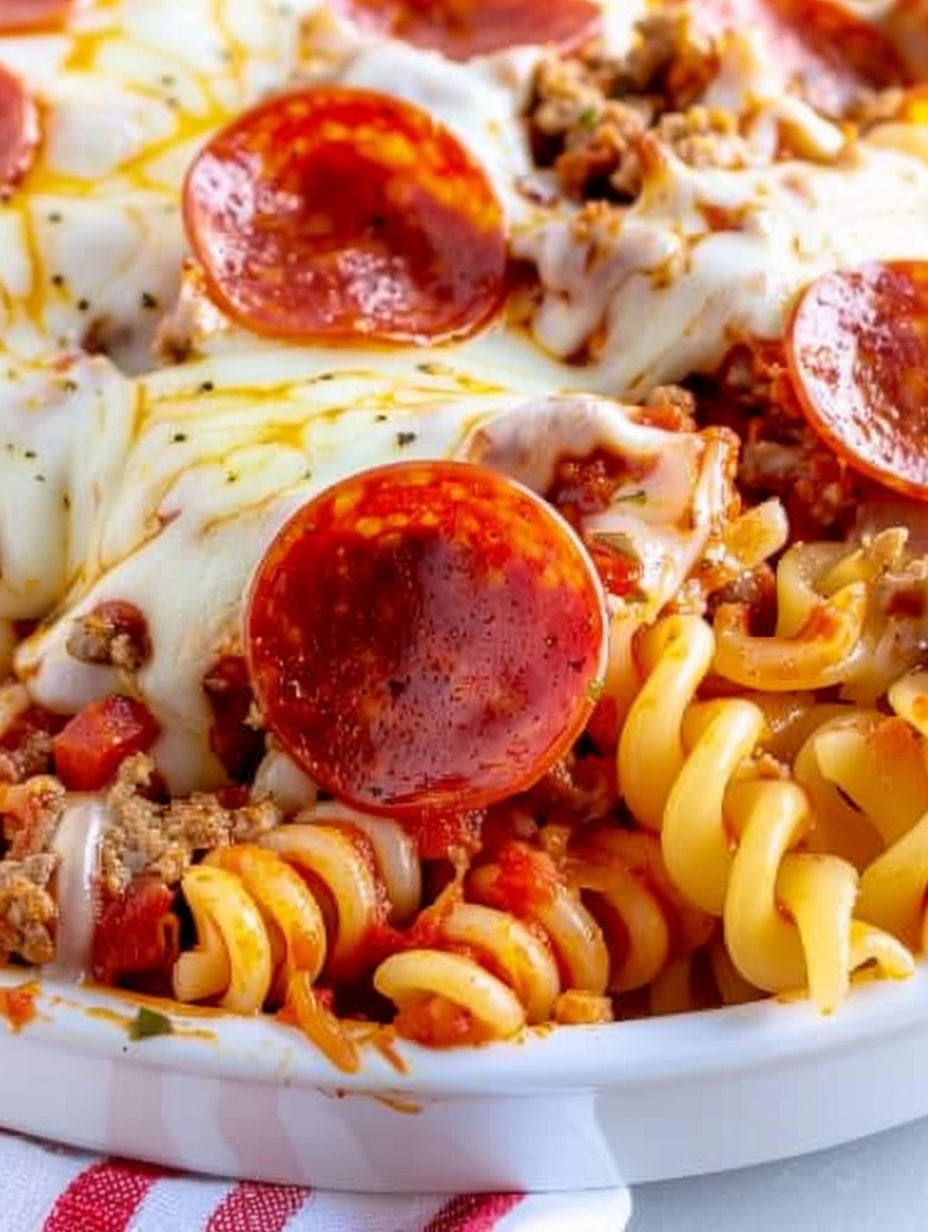 A plate of food with pasta and pepperoni.