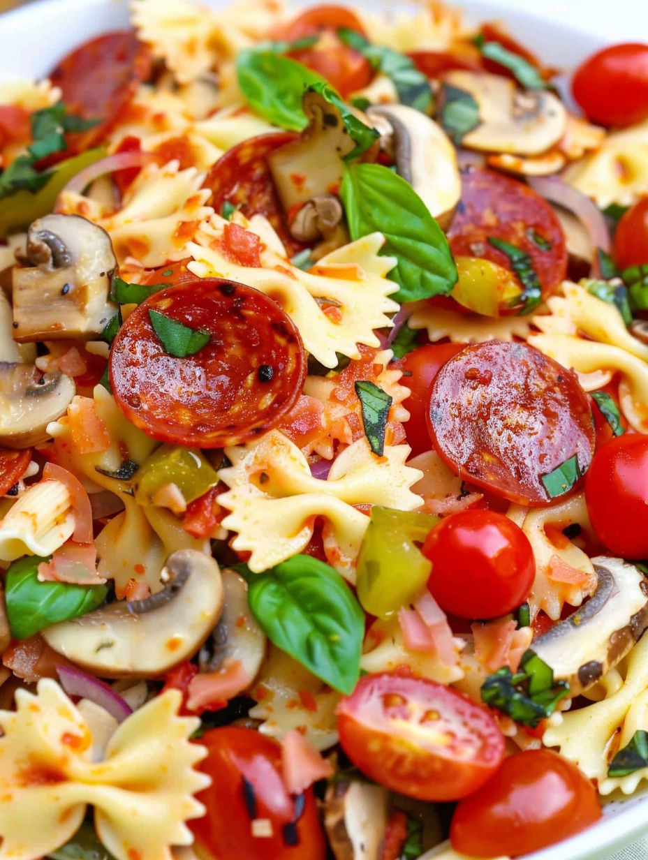 A pizza pasta salad with tomatoes, mushrooms, and peppers.
