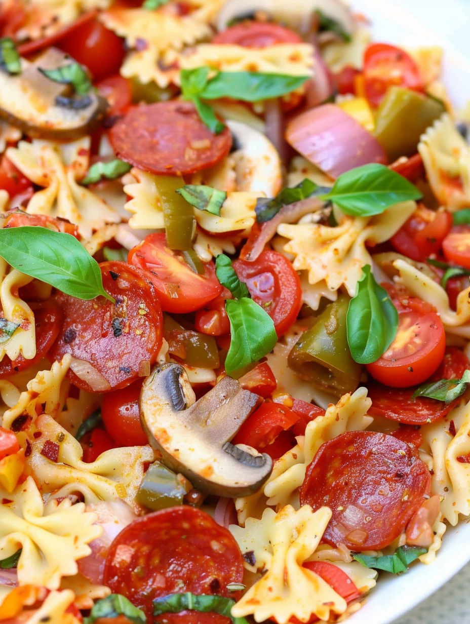 A plate of pasta salad with tomatoes, mushrooms, and peppers.