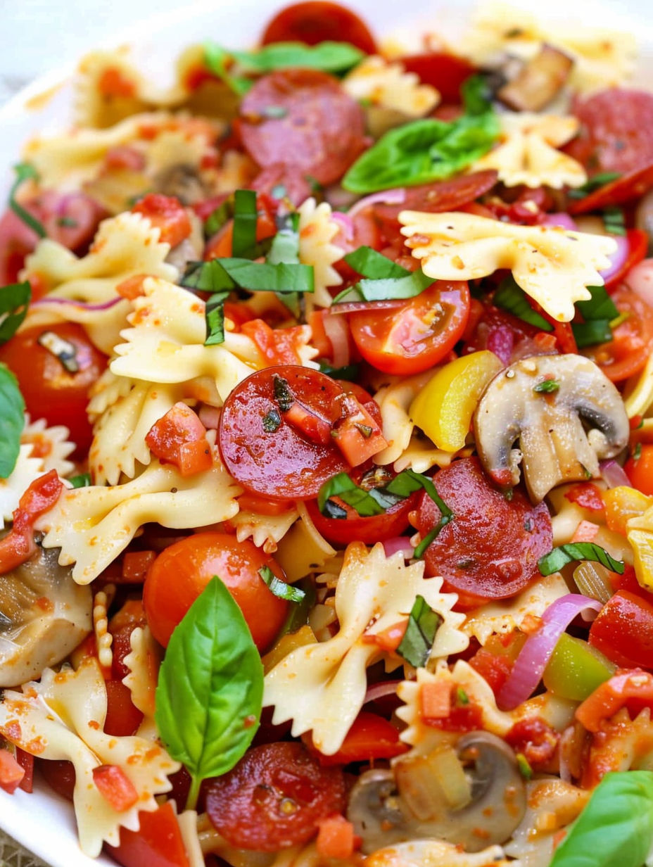 A close up of a pizza with tomatoes, mushrooms, and pasta.