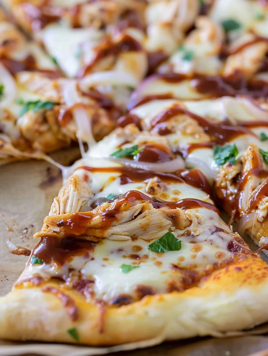 A BBQ chicken pizza with sauce drizzled over it.