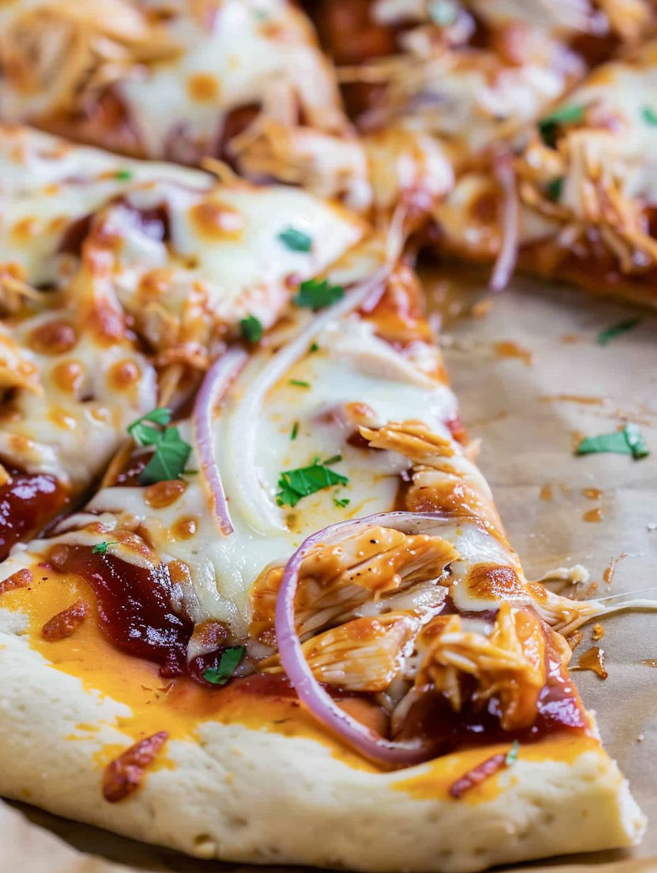 A slice of BBQ chicken pizza.