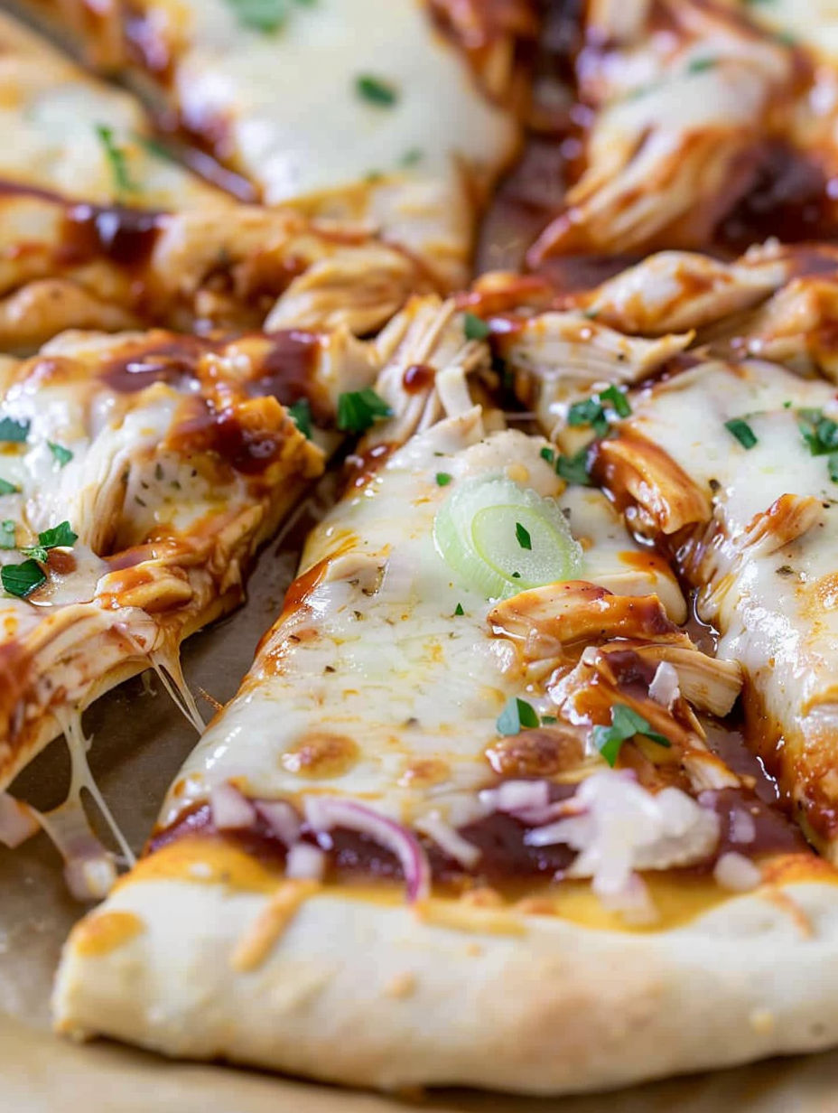 A BBQ chicken pizza with sauce and cheese.