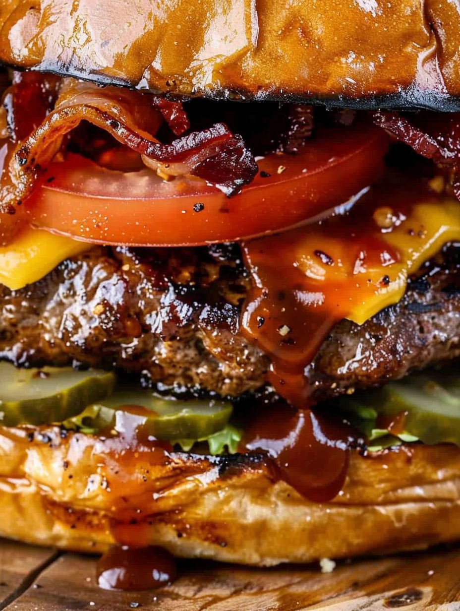 A burger with bacon and tomato.