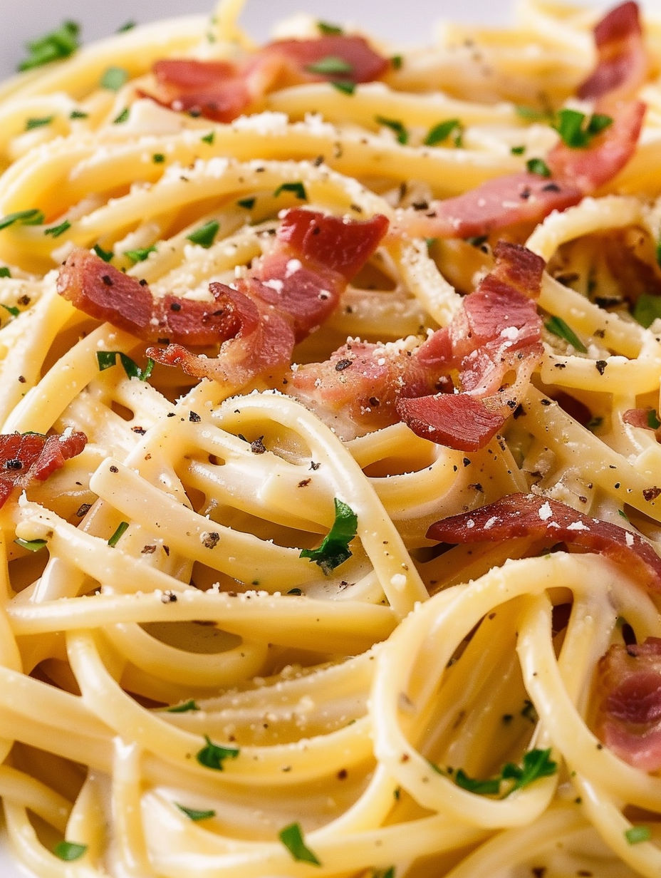 A close up of a delicious carbonara pasta dish.