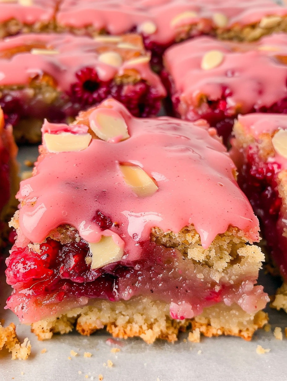 White chocolate raspberry blondies with a pink glaze.