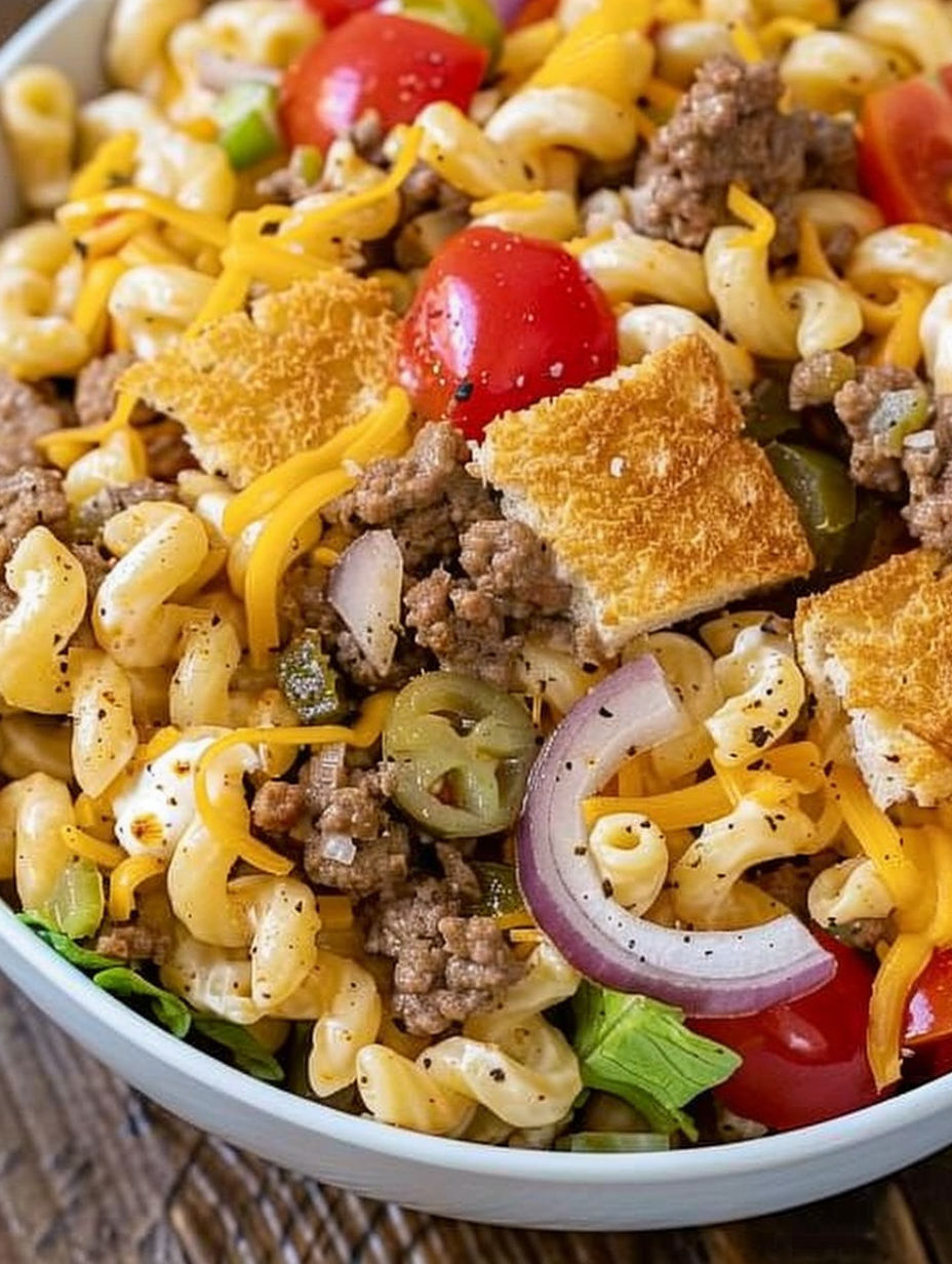 A bowl of pasta salad with meat and vegetables.