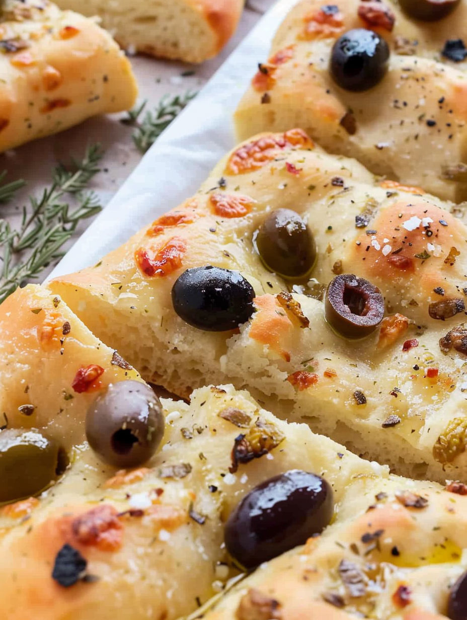 A slice of olive focaccia with olives on top.
