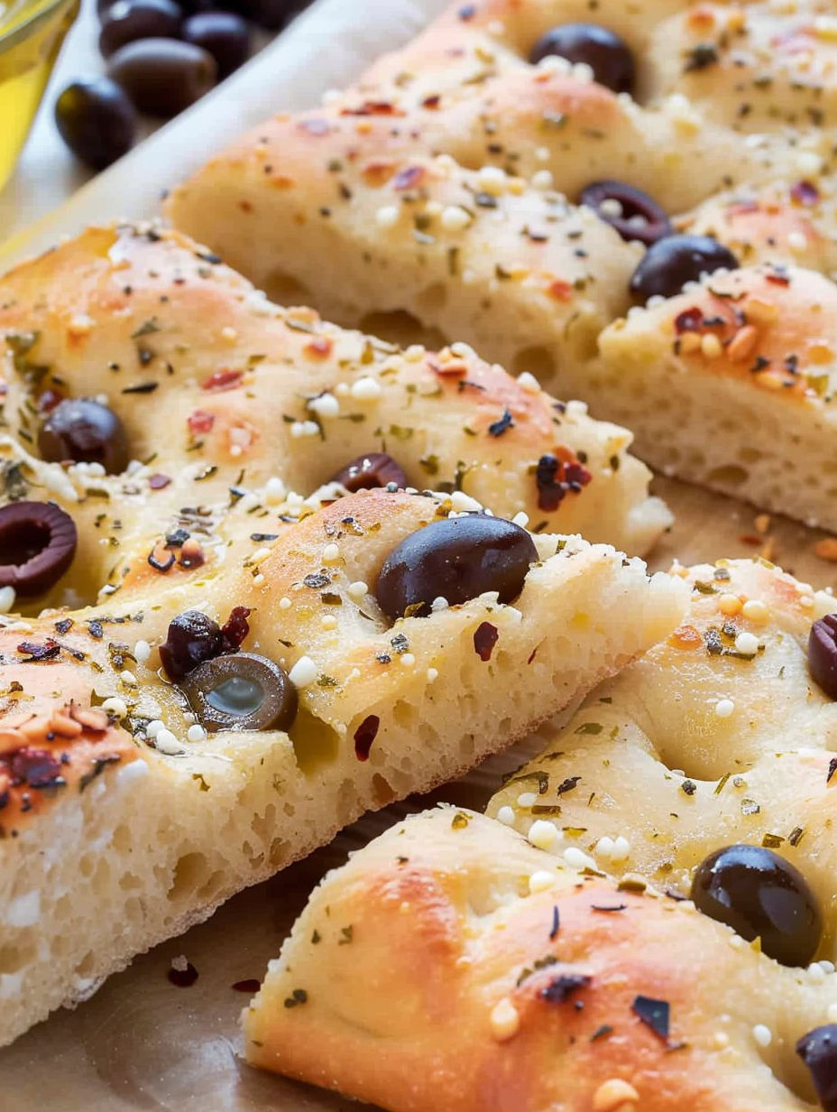 Slices of olive focaccia on a wooden board.