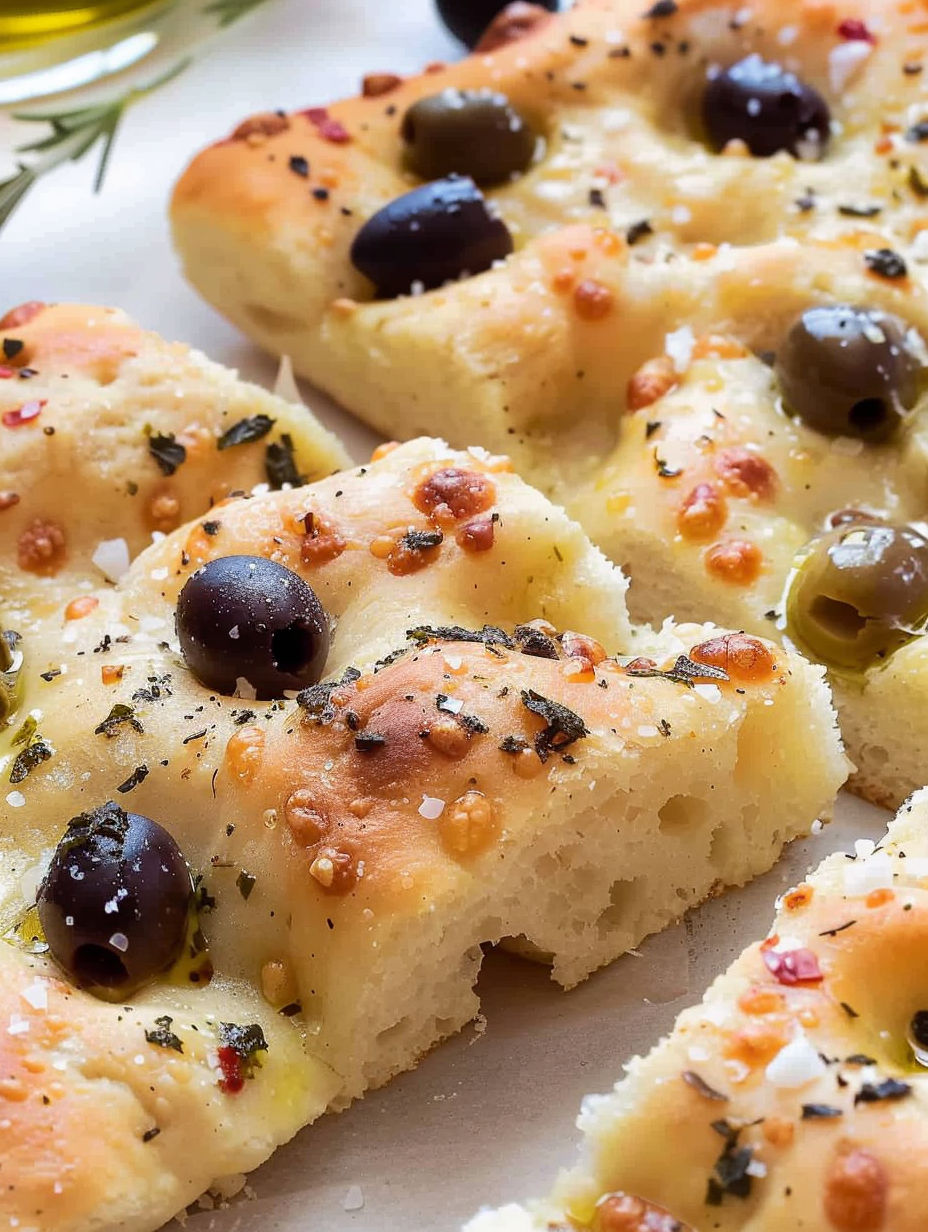 A plate of olive focaccia.