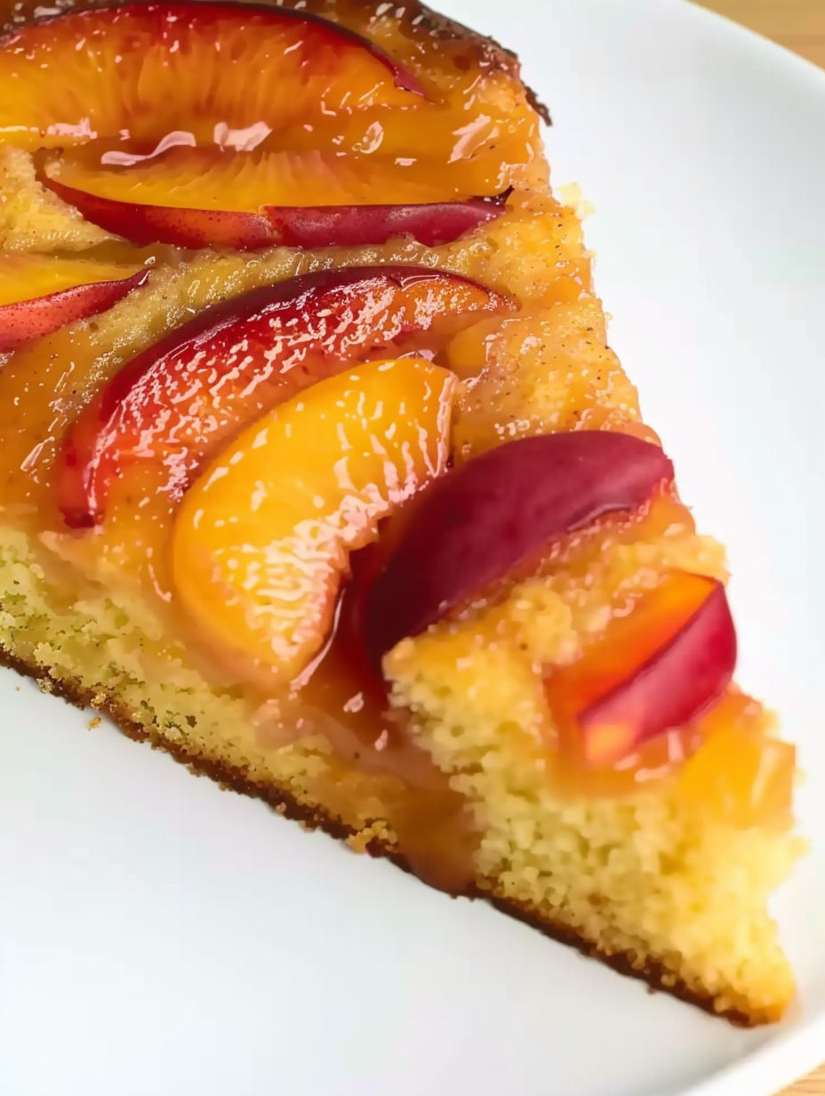 A slice of peach upside down cake.