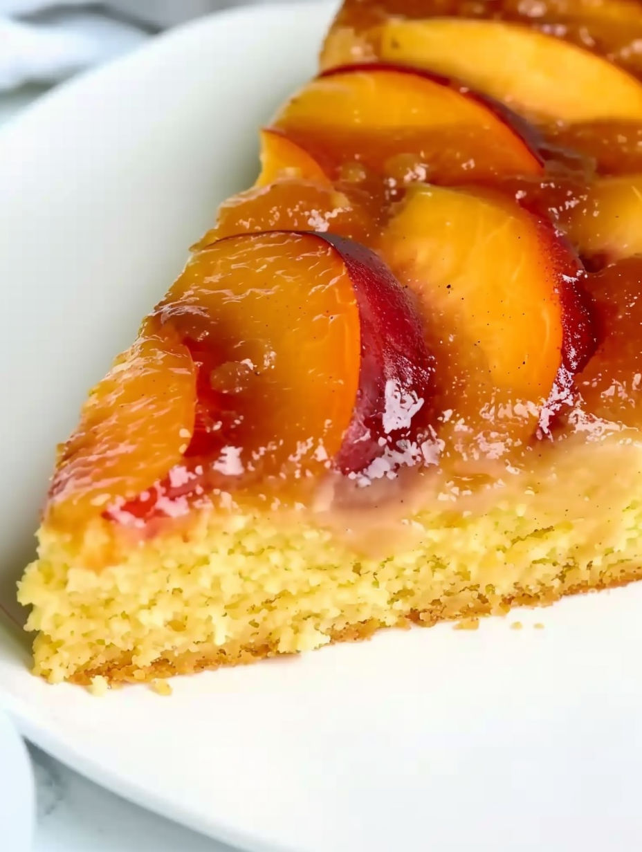 A slice of peach upside down cake.