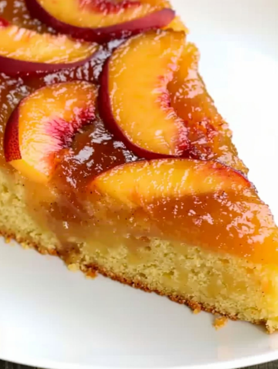 A slice of peach upside down cake.