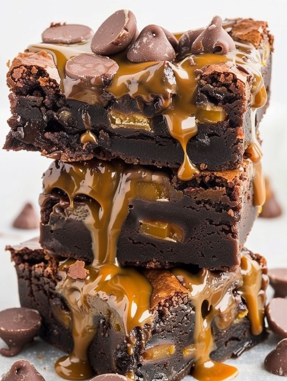 A stack of Milky Way brownies with caramel drizzle.
