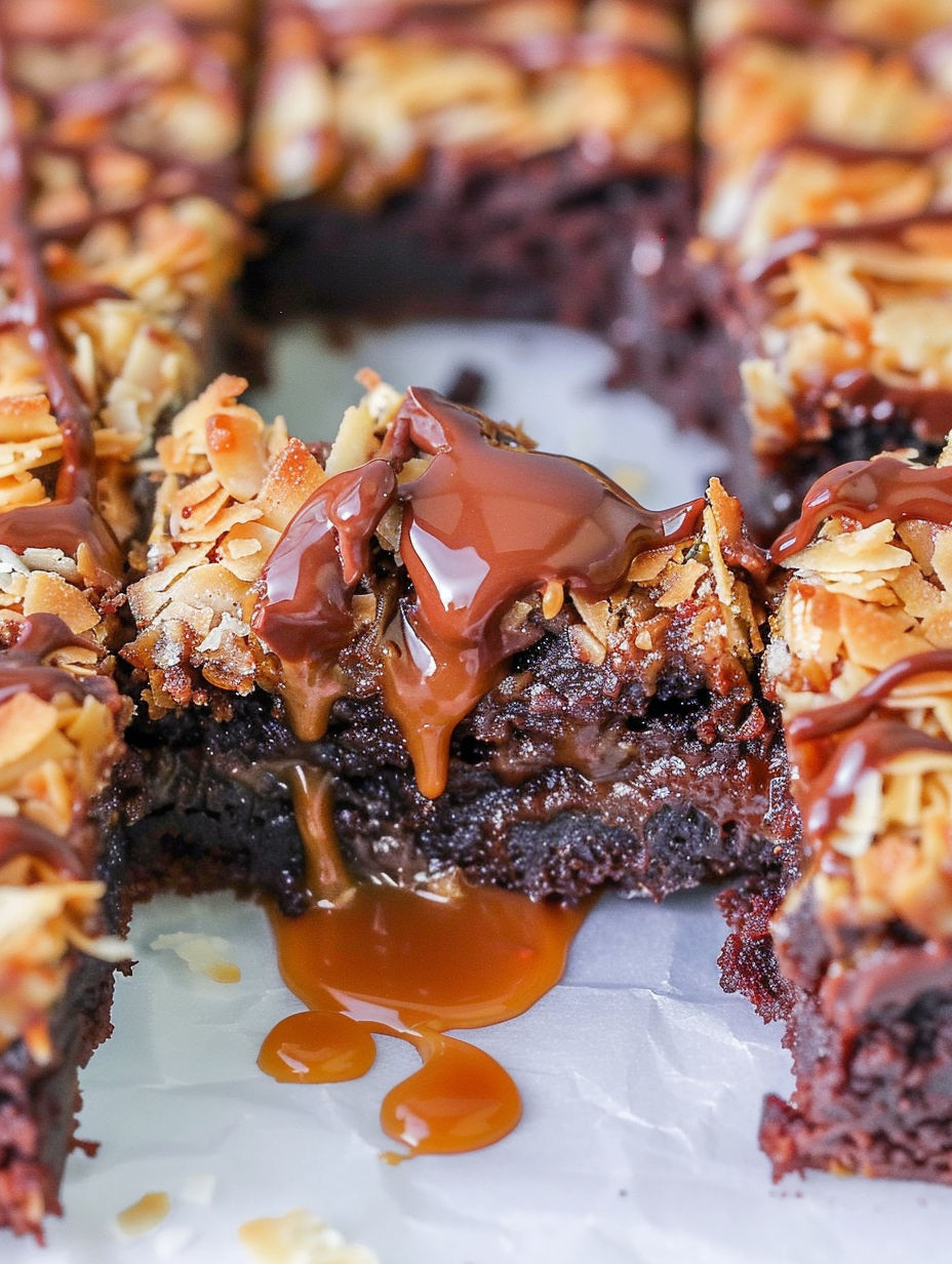 A piece of chocolate cake with caramel drizzled on top.