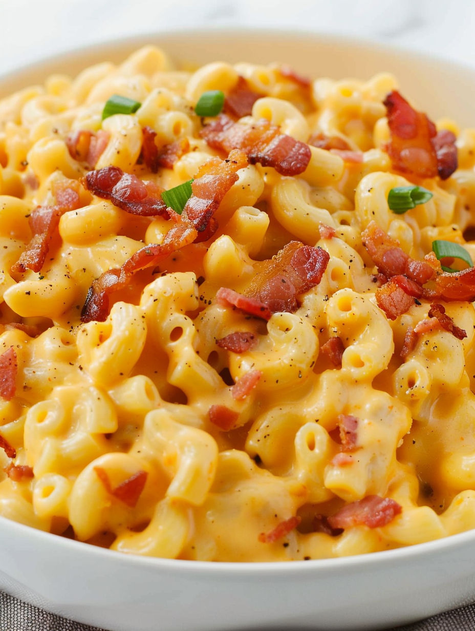 A bowl of mac and cheese with bacon on top.