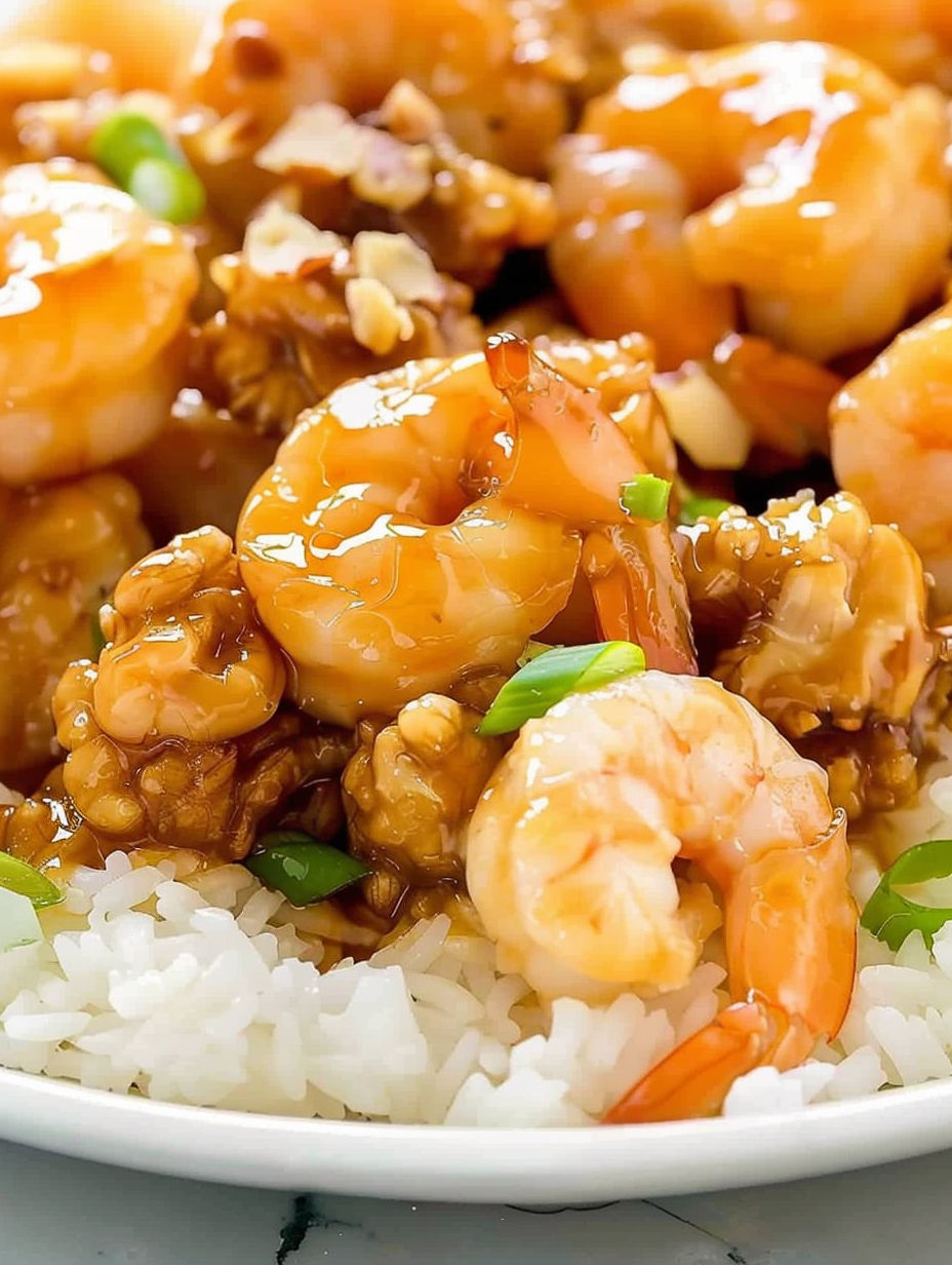 A bowl of shrimp with honey and walnuts.