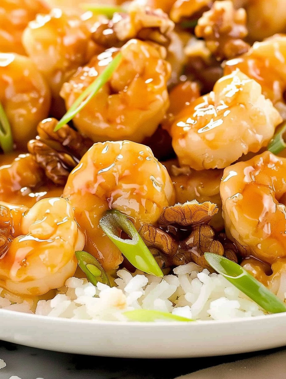 A plate of shrimp with a sauce on top.