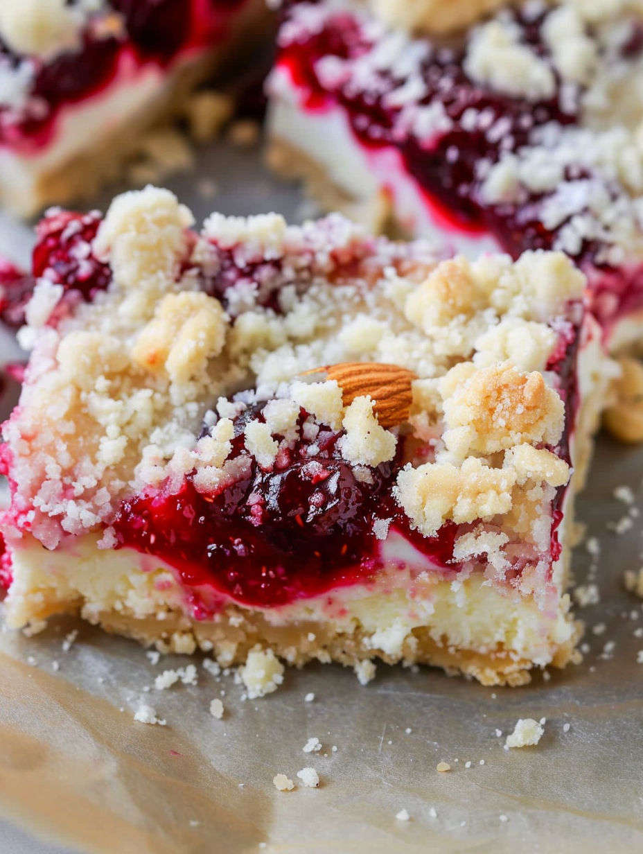 A close up of a slice of Christmas cheesecake bars.