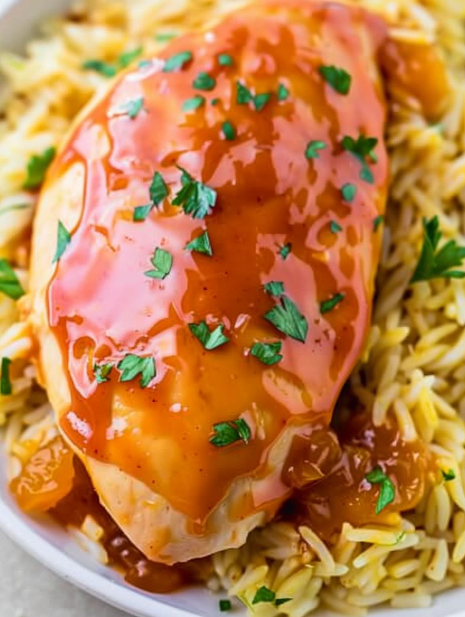 A piece of chicken with sauce on top.