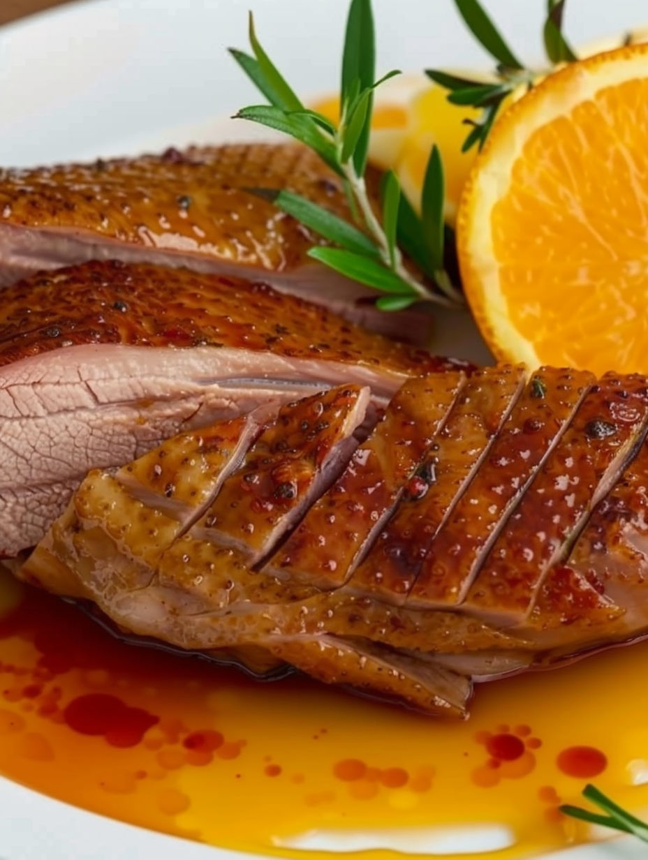 A duck breast with orange sauce.