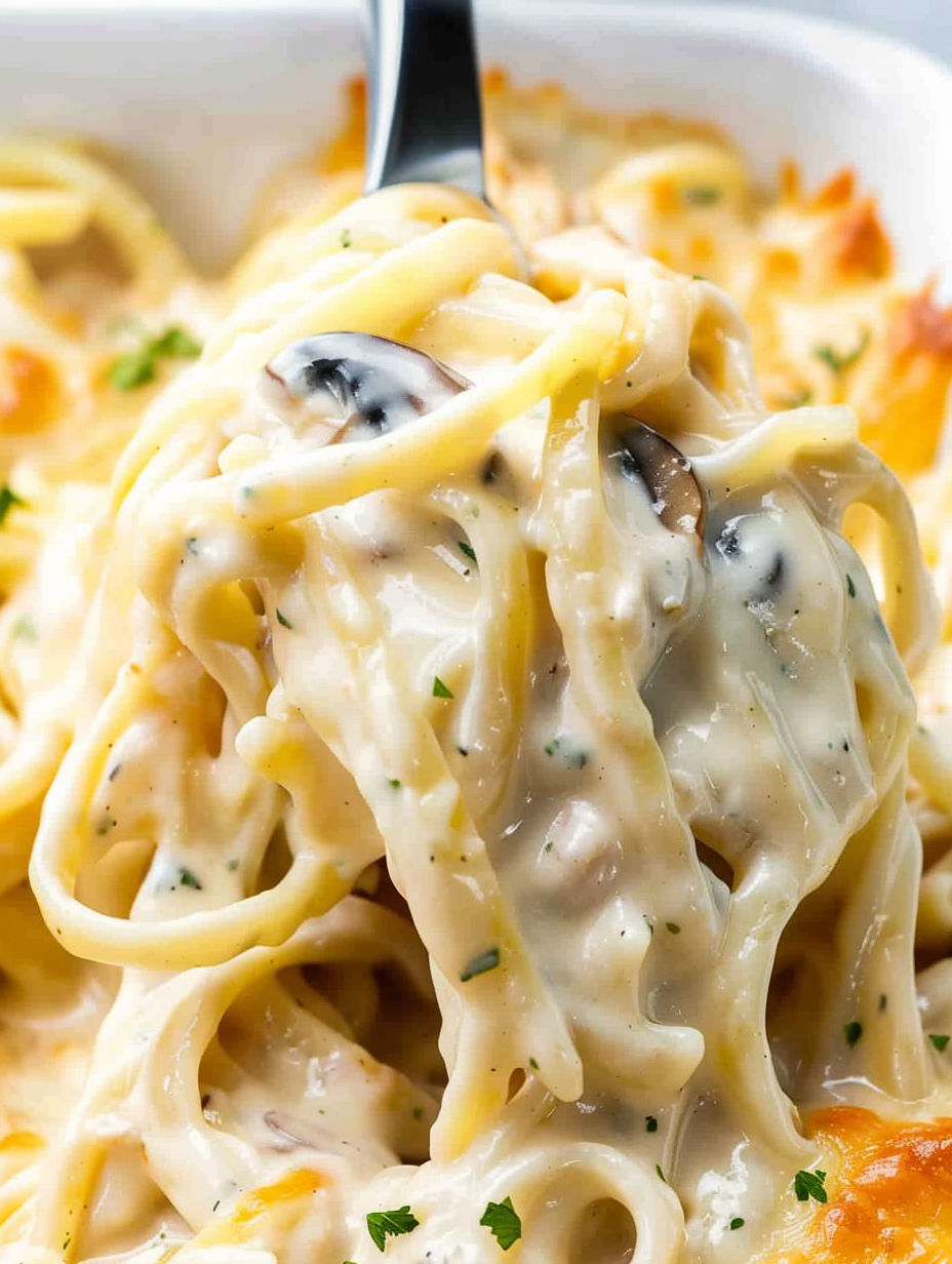 A fork is in a bowl of chicken tetrazzini.