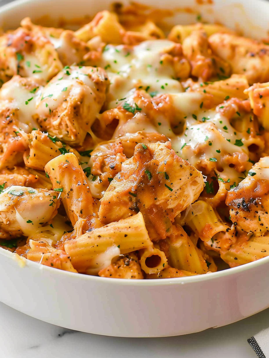A bowl of chicken parmesan pasta.