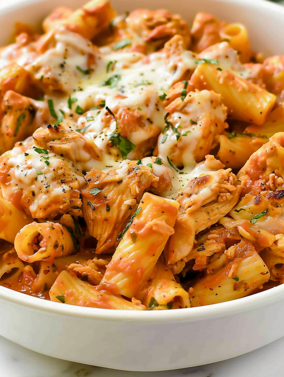 A bowl of pasta with chicken and cheese.