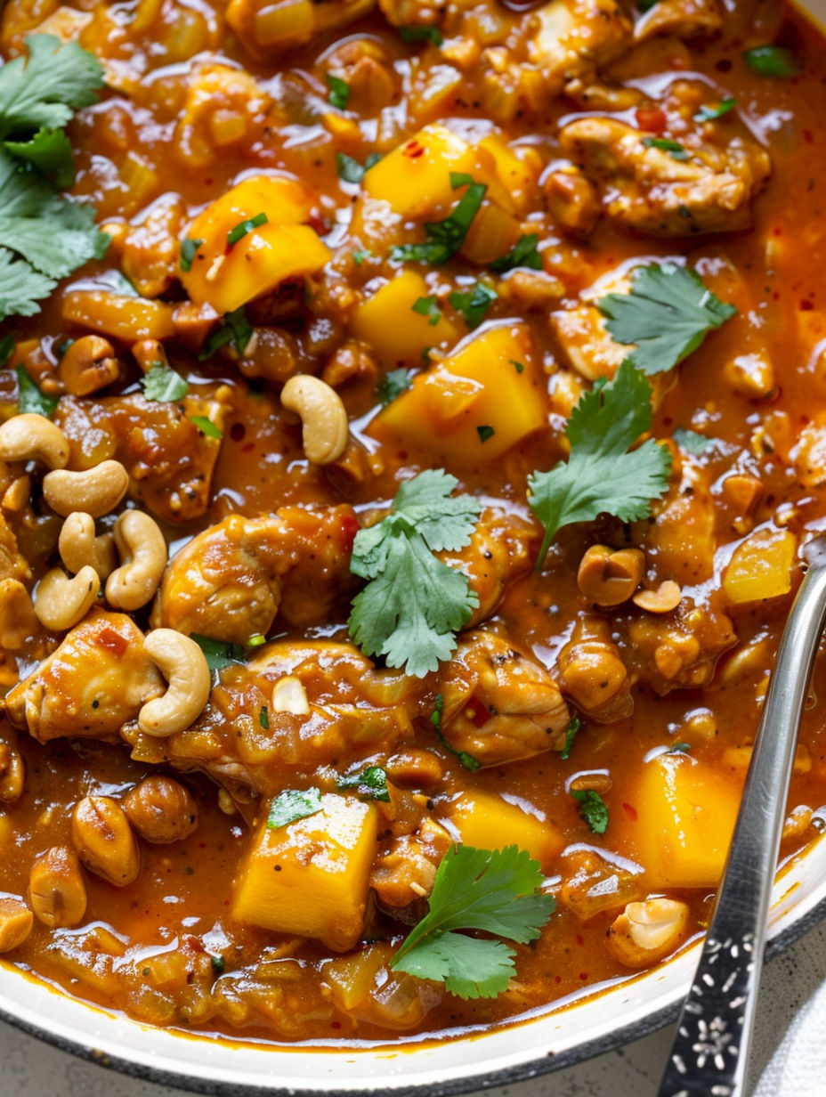 Mango chicken with peppers and nuts.