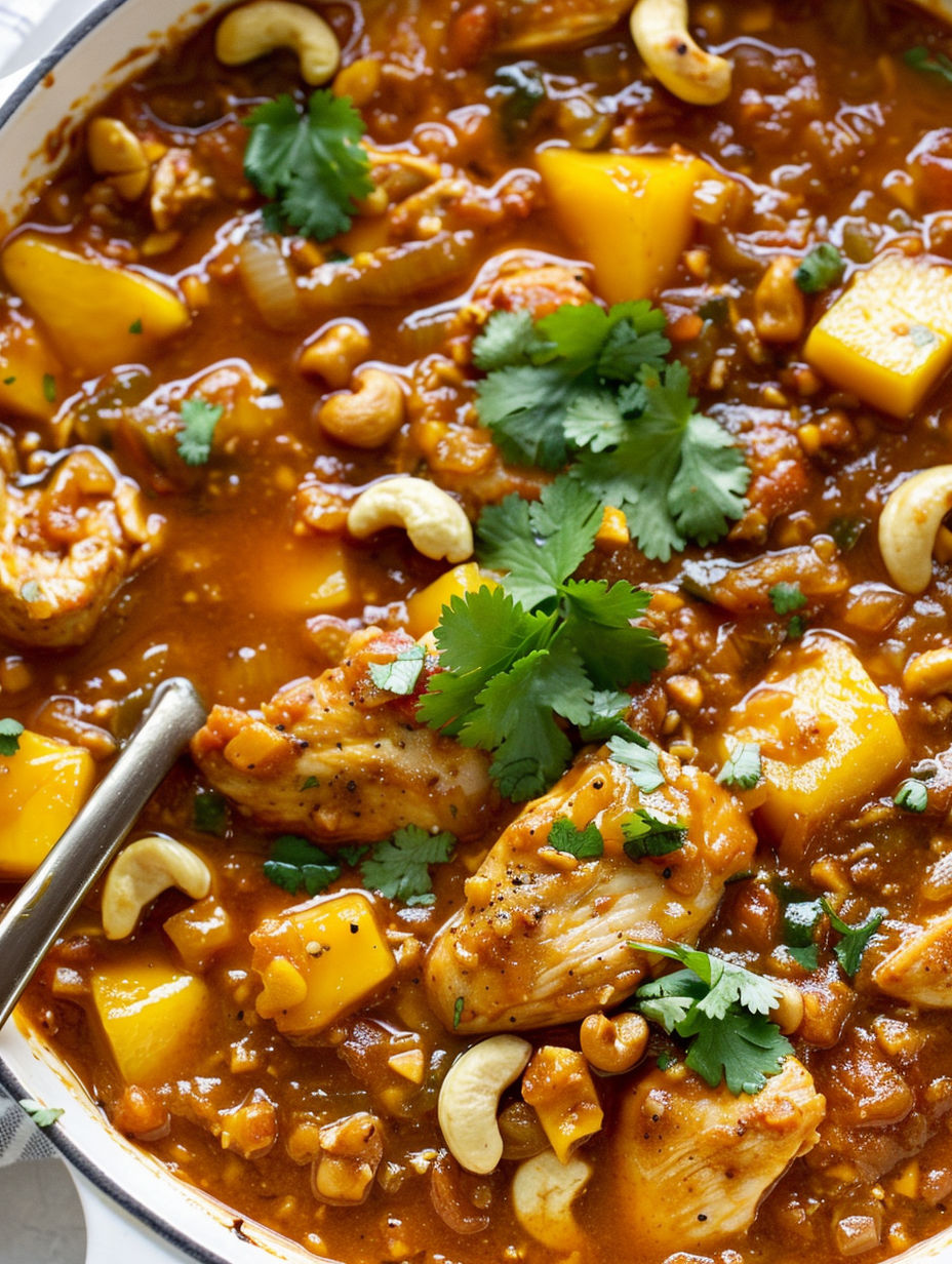 A bowl of mango chicken soup.