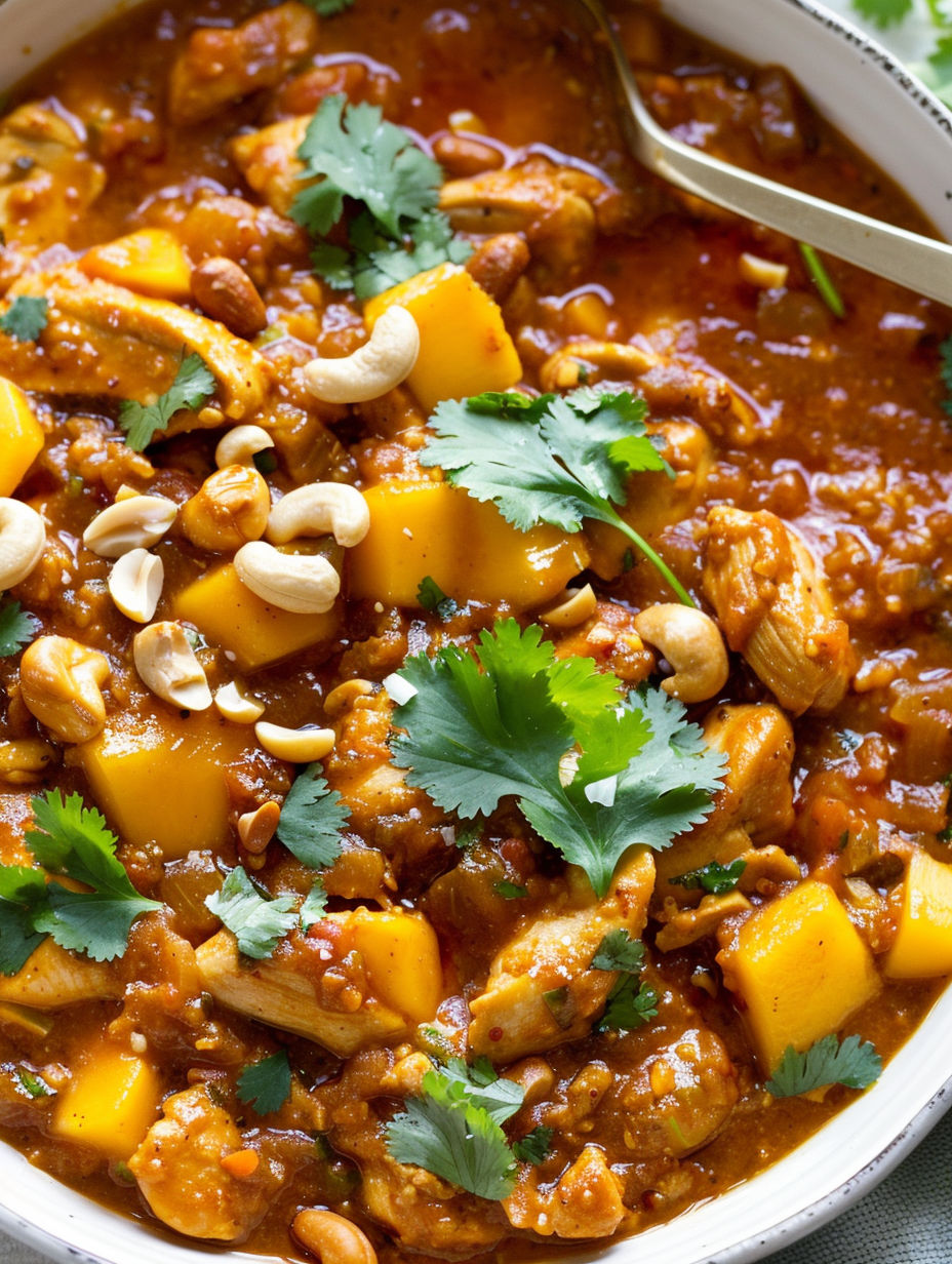 A bowl of chicken and mango chicke.