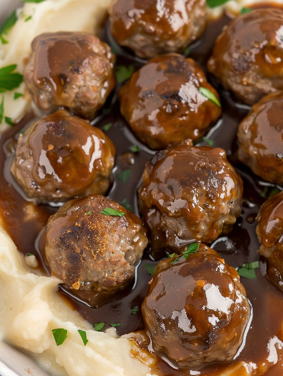 Meatballs in a brown sauce.