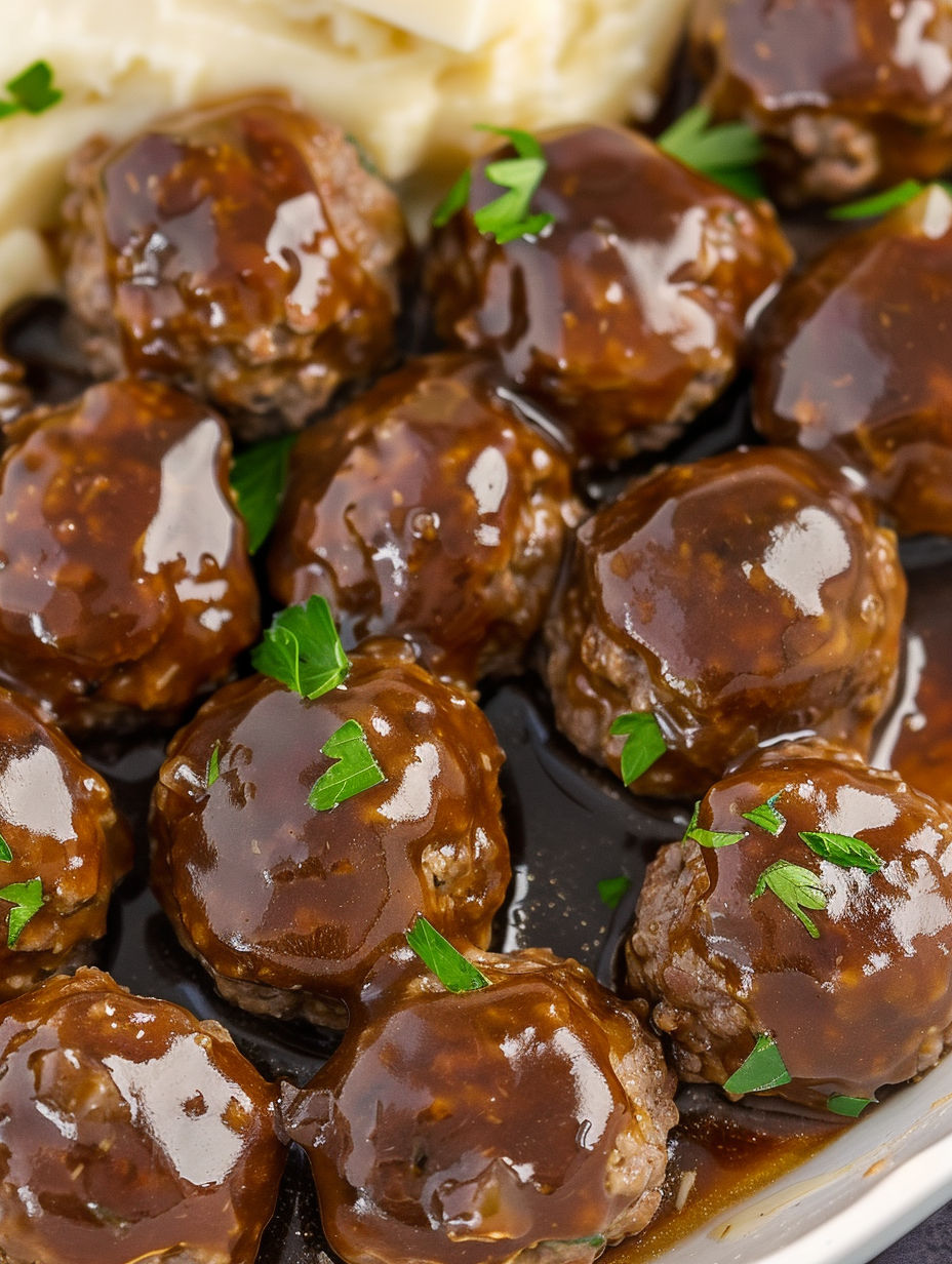 A plate of smothered meatballs with gravy.