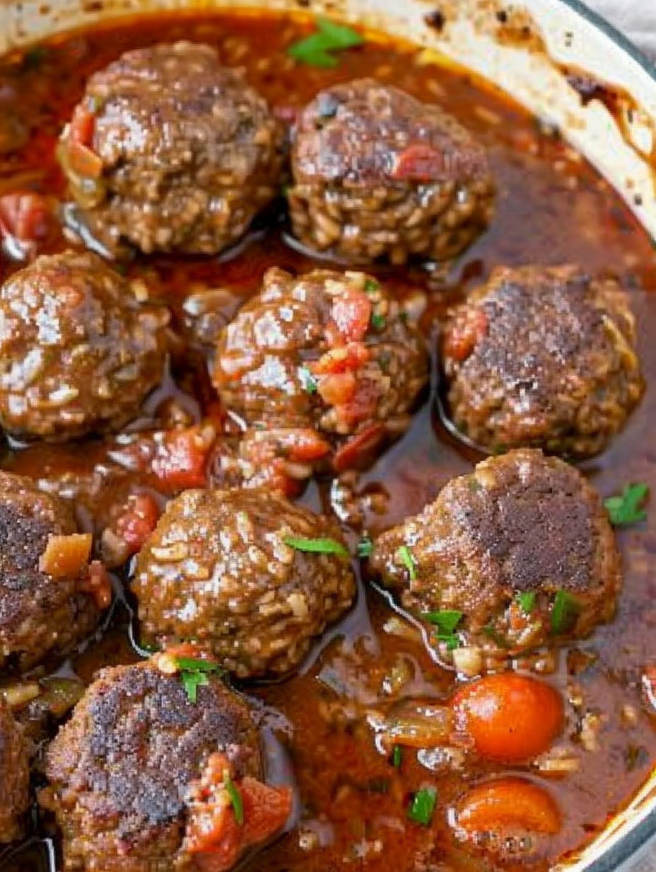 A bowl of meatballs in a brown sauce.