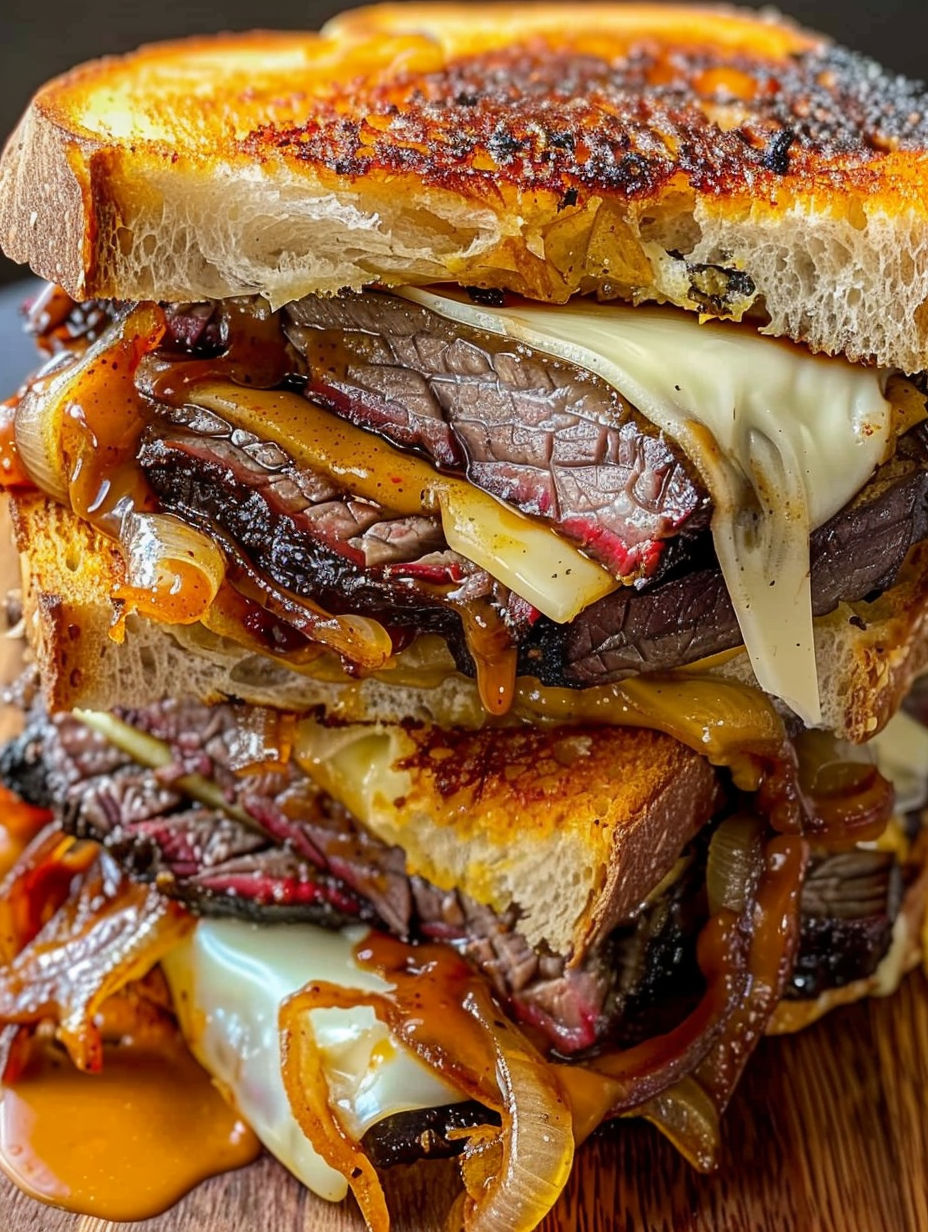 A BBQ brisket sandwich with cheese and onions.