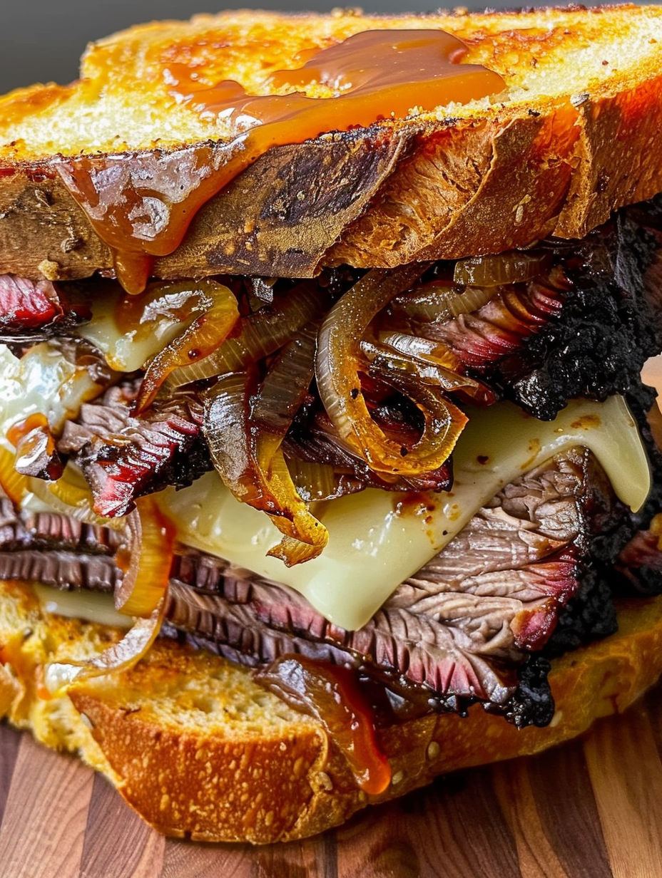 A BBQ brisket sandwich with onions and cheese.