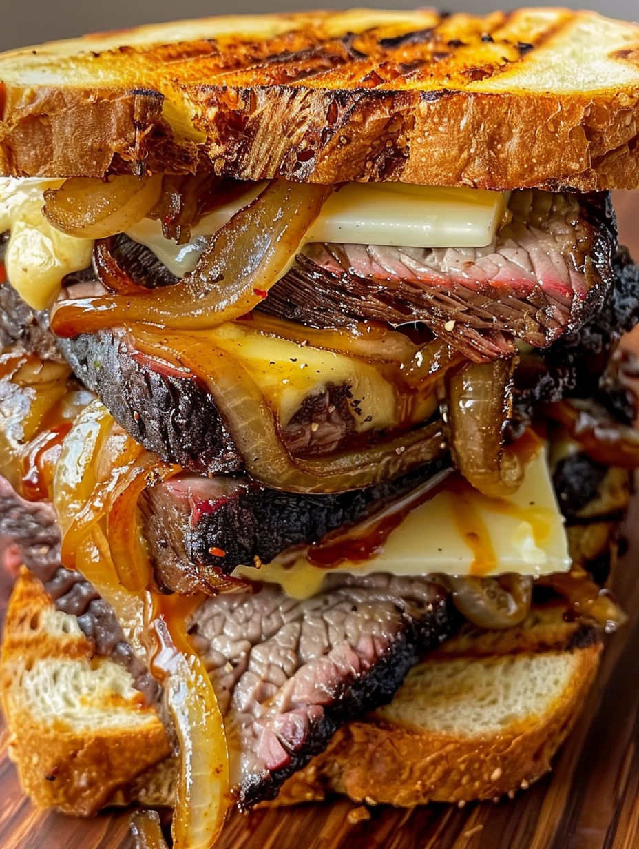 A BBQ brisket sandwich with onions and cheese.
