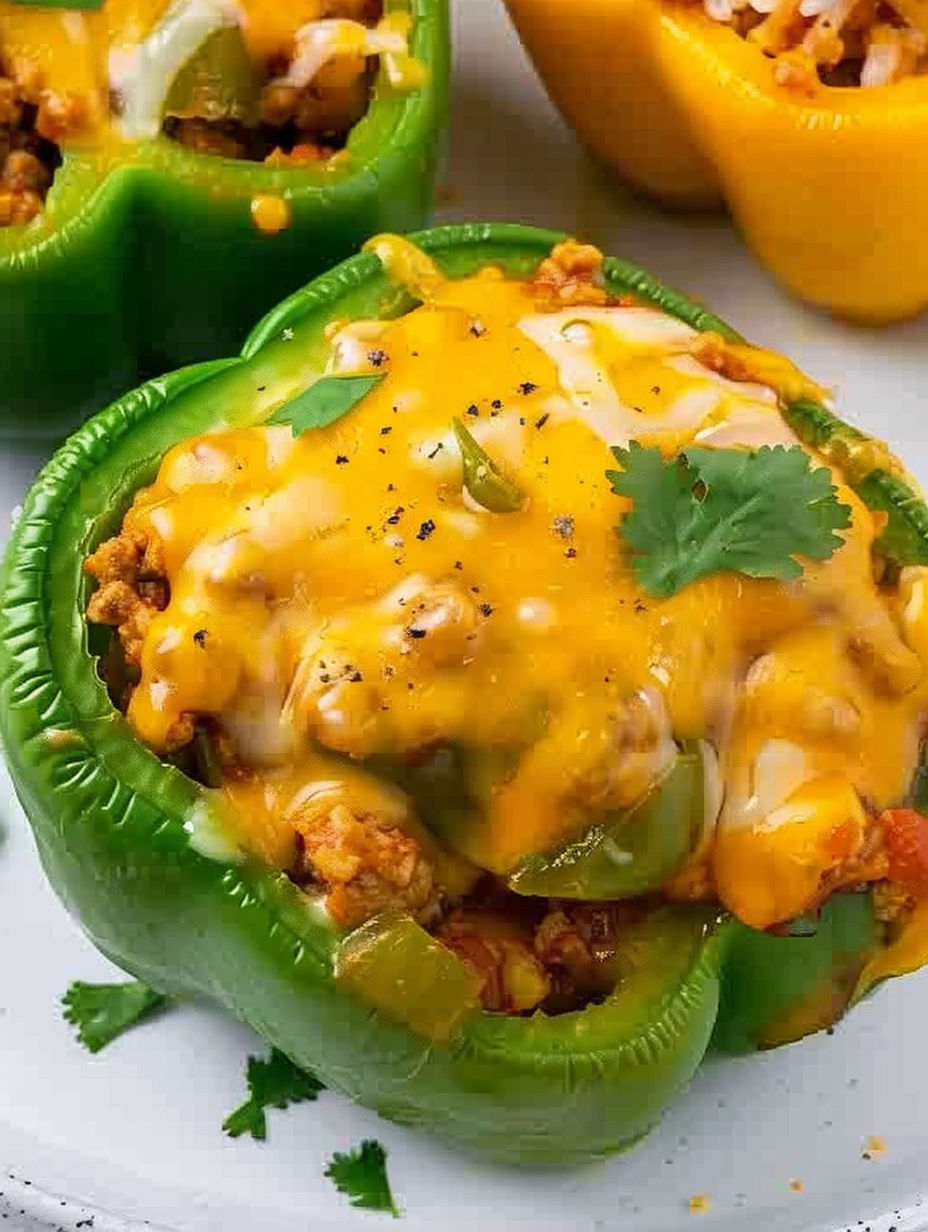 A close up of a chicken stuffed pepper.
