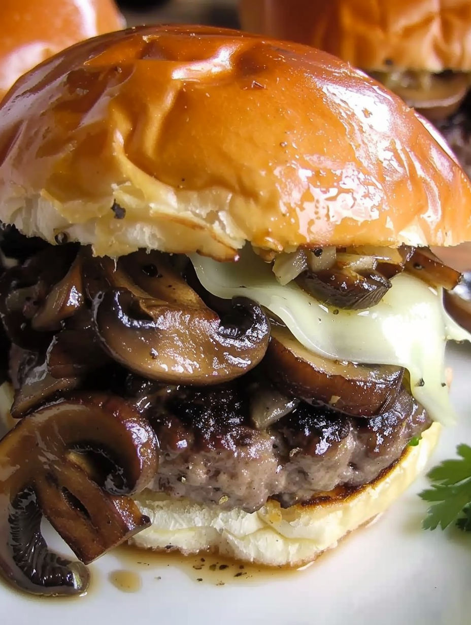 A juicy mushroom swiss burger recipe.