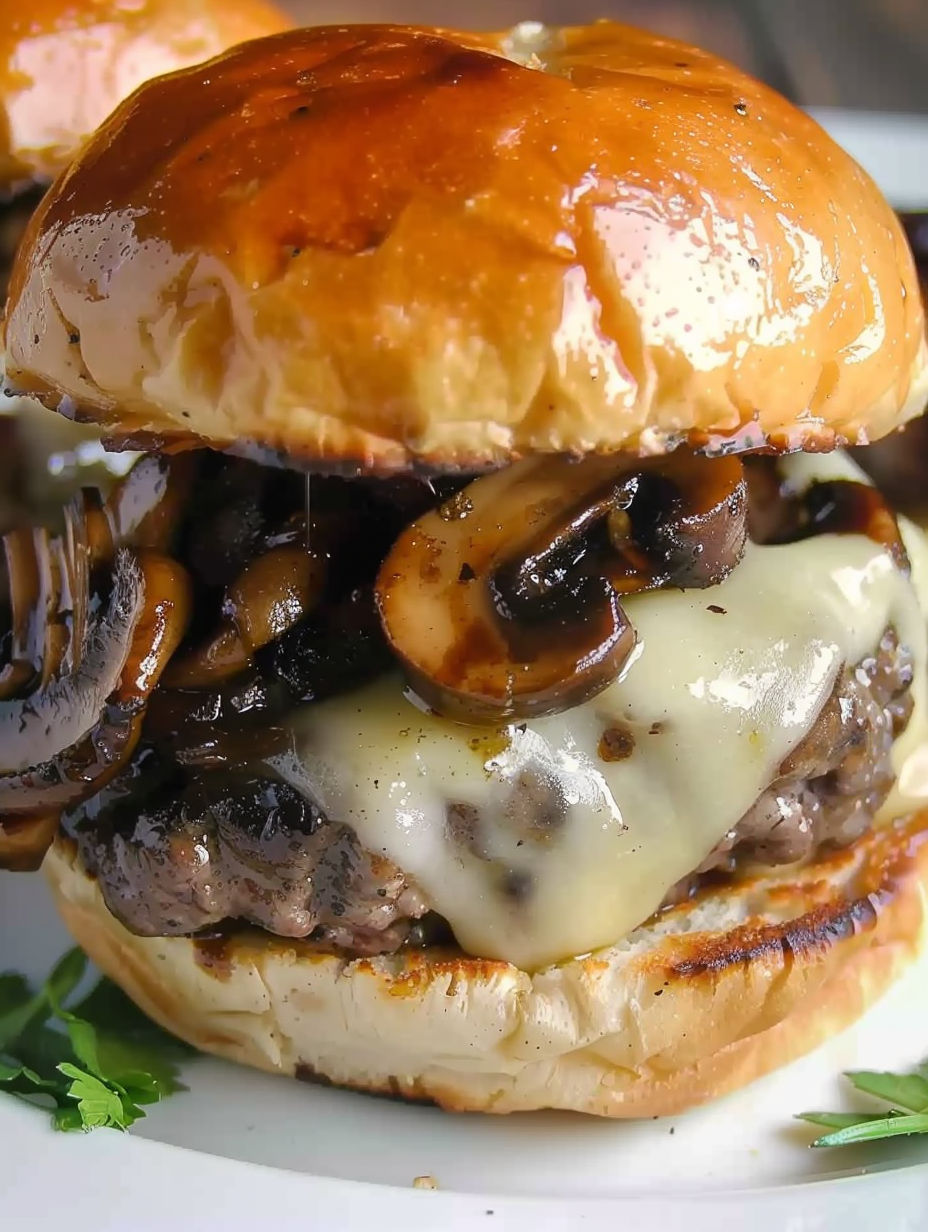 A juicy mushroom swiss burger recipe.