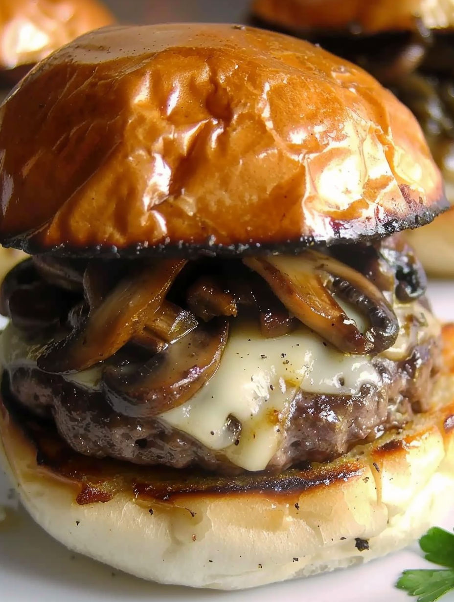 A juicy mushroom swiss burger recipe.