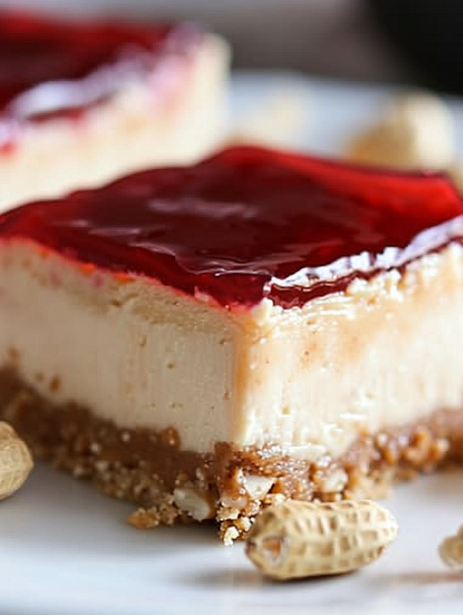 A slice of peanut butter and jelly cheesecake bar.