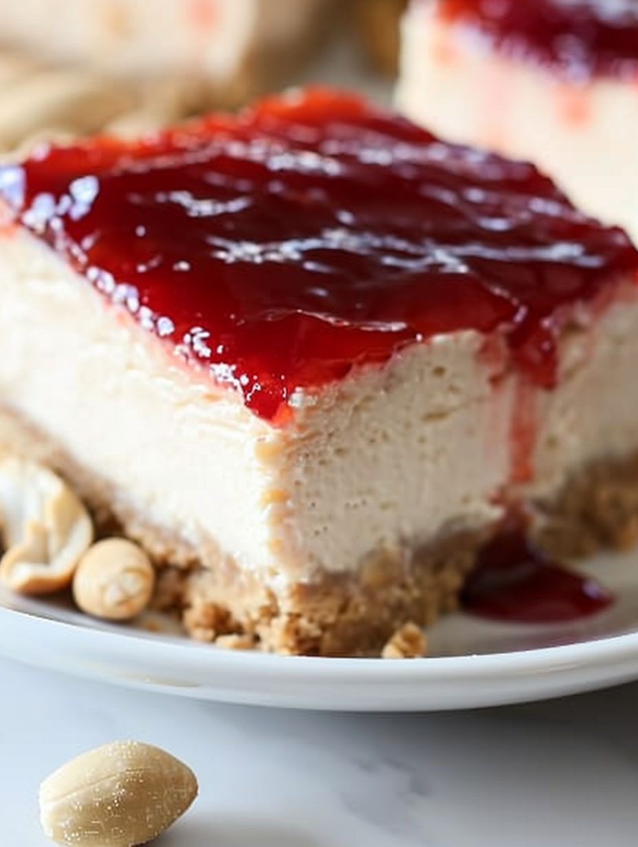 A slice of peanut butter and jelly cheesecake bars.